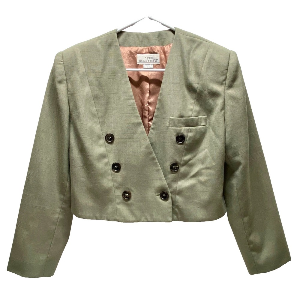Vintage Petite Illustrations Blazer Jacket Women's‎ 8P Olive 80's Wool Blend GUC